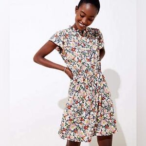 LOFT Floral Ruffle Drawstring Dress